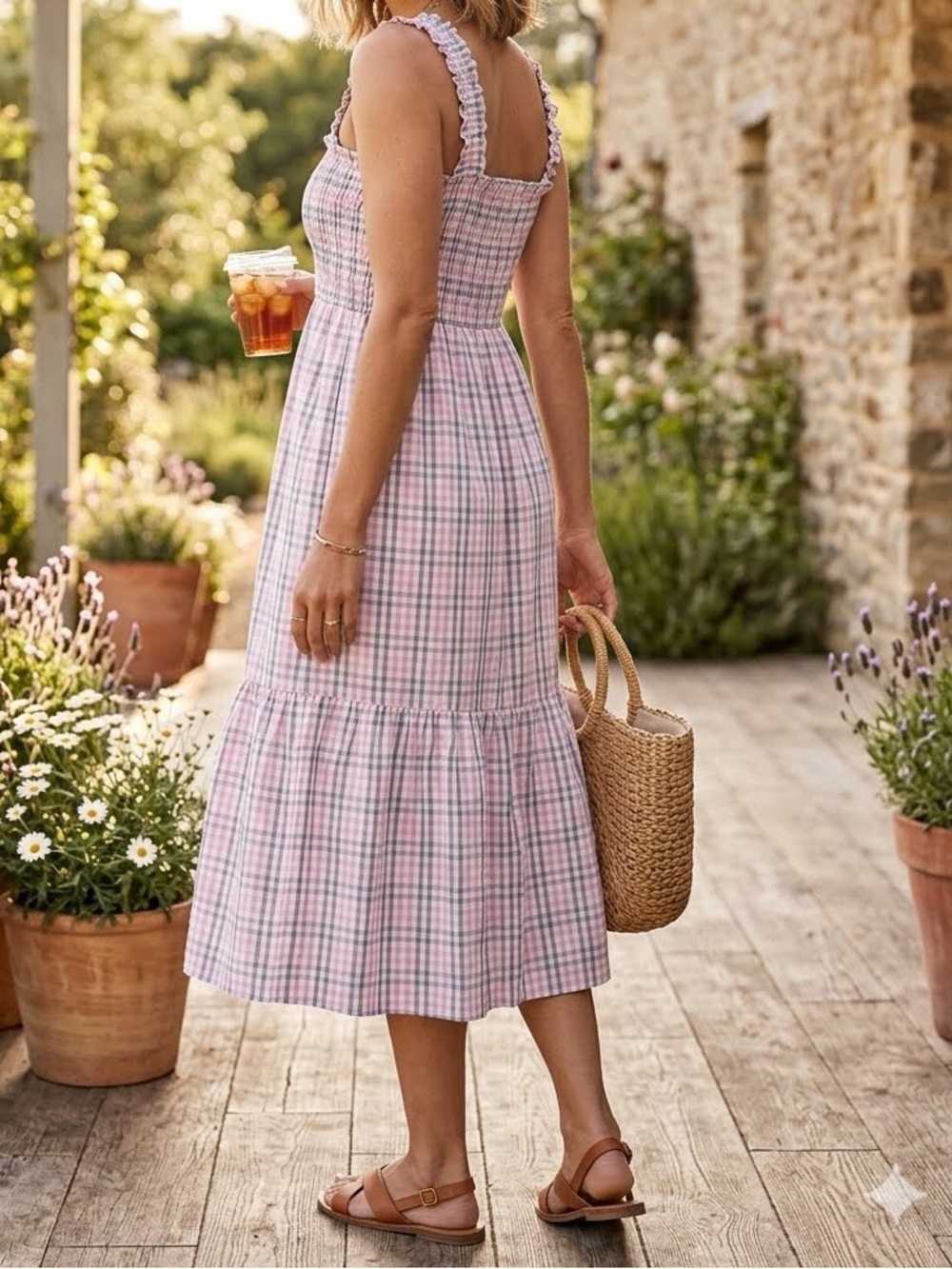 French Connection Yaki Boho Plaid Smocked Bodice Sundress Medium Pink Cottagecor